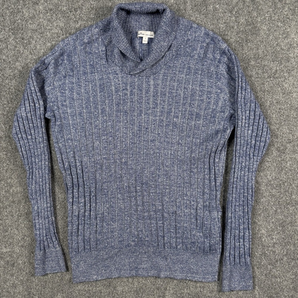 Peter Millar Mens Small Shawl Collar Sweater Blue Merino Wool Linen Ribbed